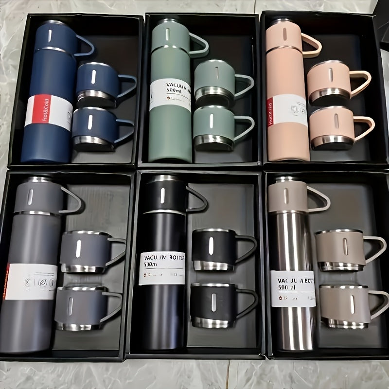 4pcs Insulated Cup Set with Stainless Steel Thermal Bottle & 3 Lids