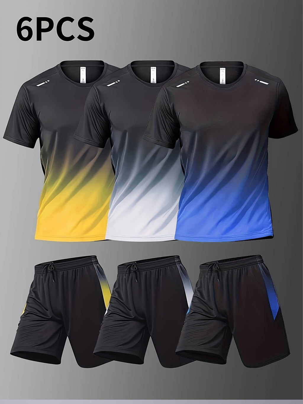 Men’s 6pc Quick-Dry Active Set – Gradient Tee & Shorts