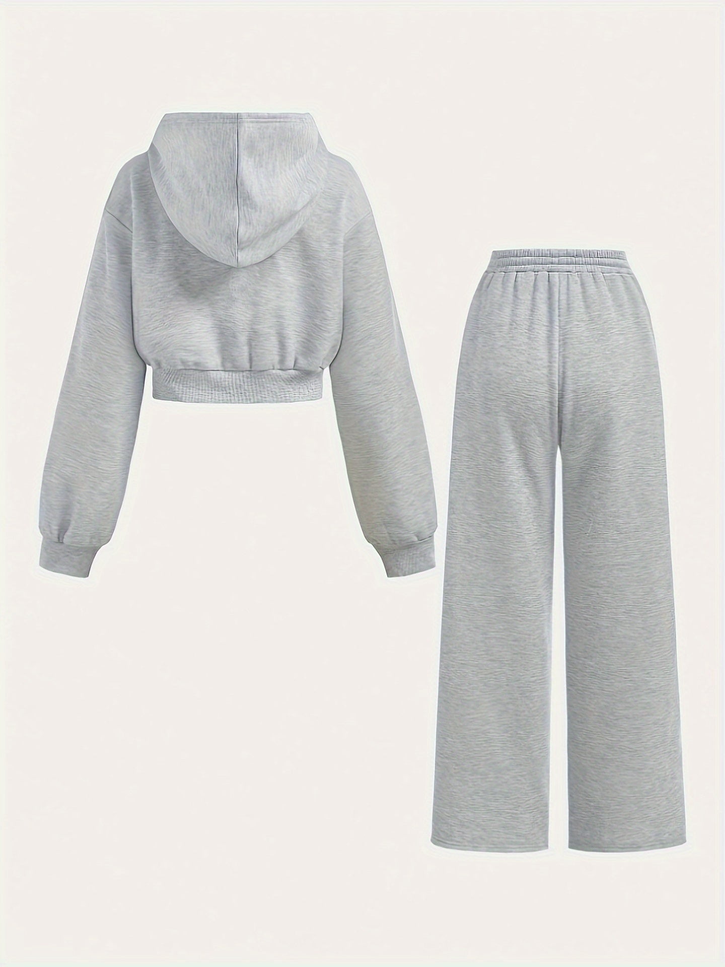 Women’s Gray Two-Piece Lounge Set – Casual Hooded Short Jacket & Wide-Leg Pants, Relaxed Streetwear Outfit for Home or Daily Wear