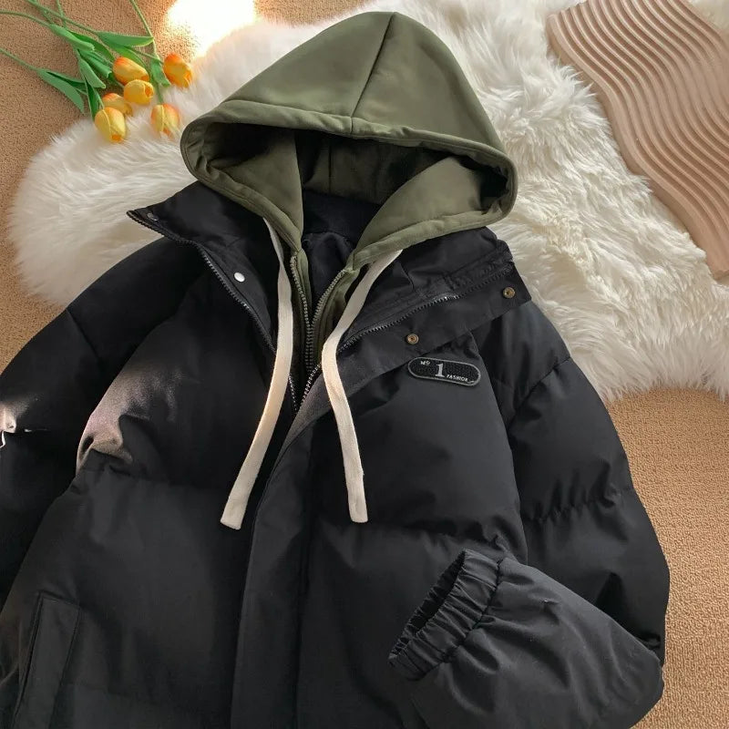 Y2K Korean Winter Coat – Layered Hooded Splicing Design