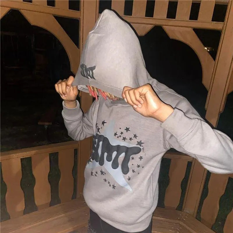 Gothic Star Print Zip Hoodie – Oversized Punk Y2K Style