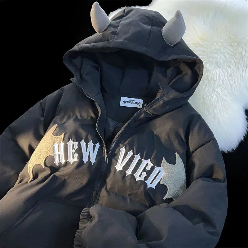 Couples Devil Embroidered Winter Jacket – Y2K Padded Coat