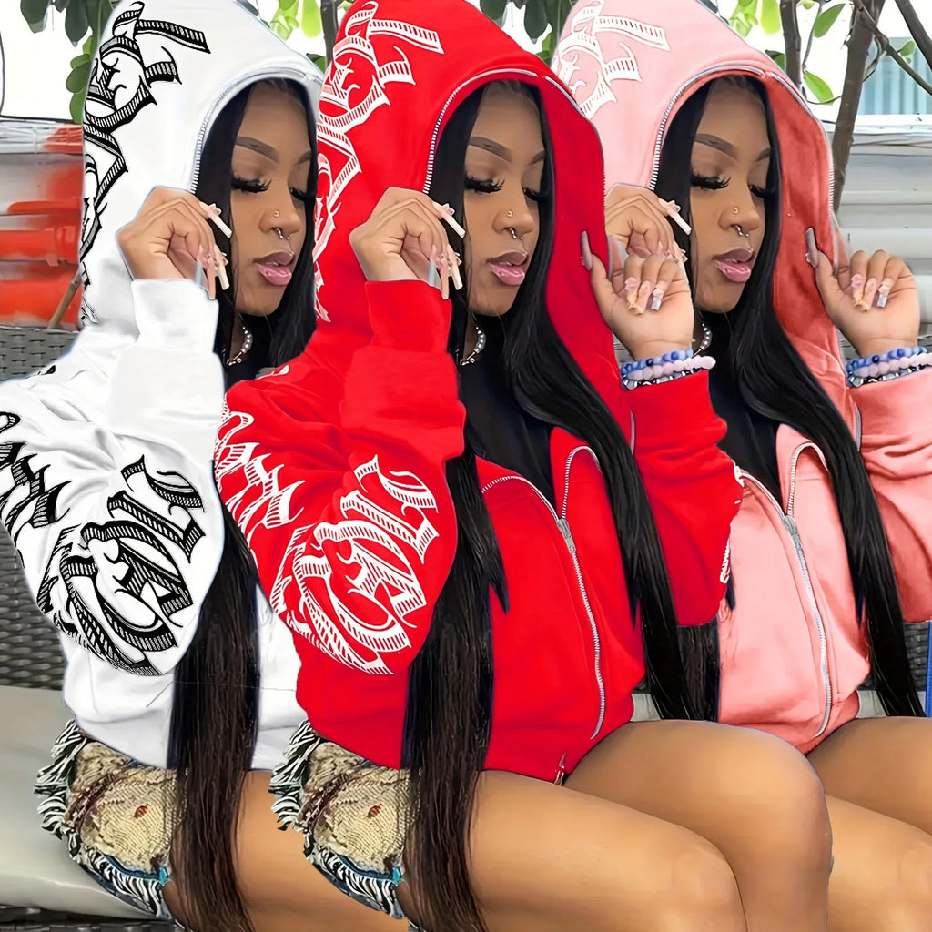 Cyber Y2K Letter Zip Hoodie – Women’s Punk Style