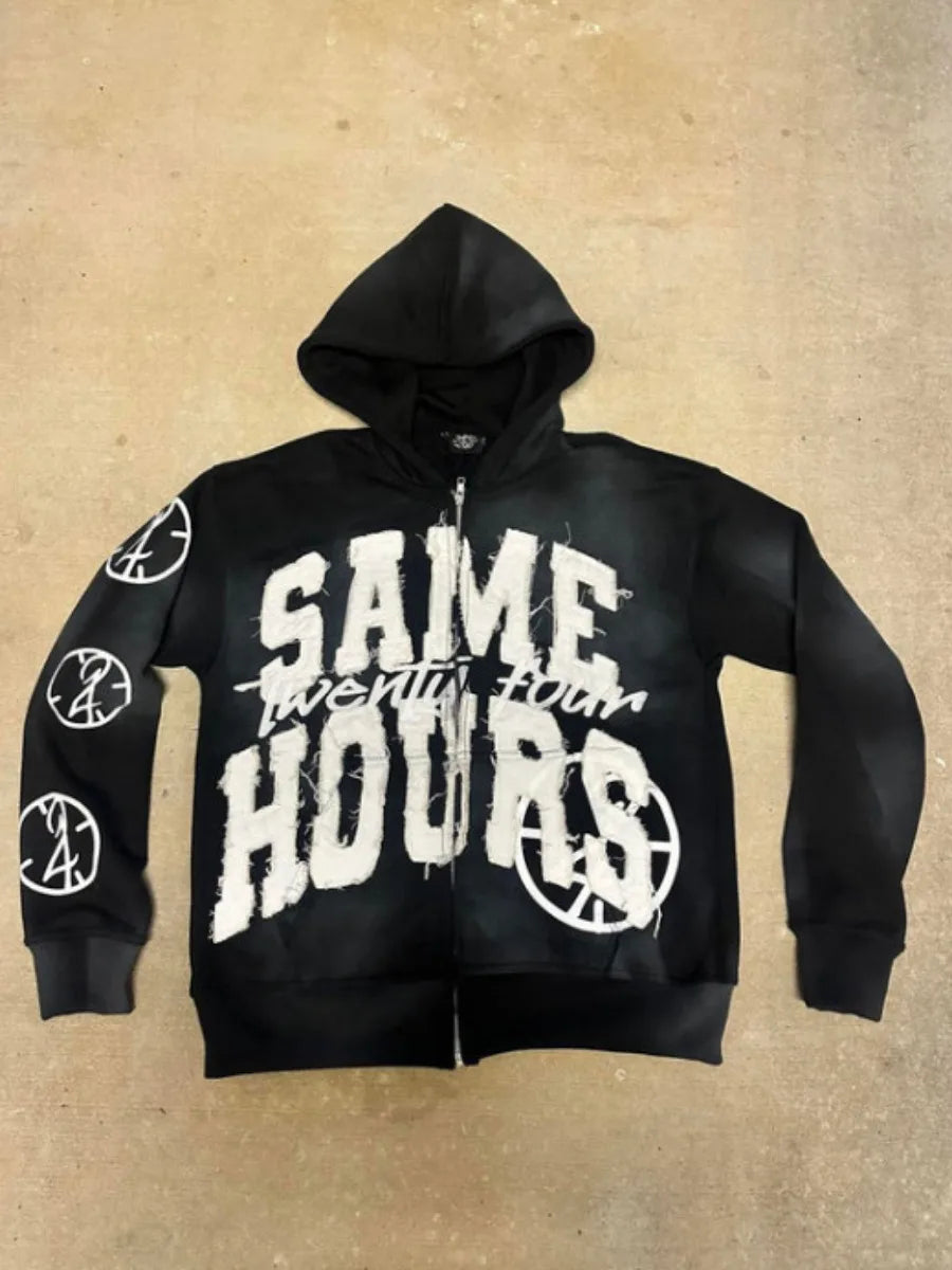 Men's Letter Zipper Embroidery Hoodie Street “Same Hours”