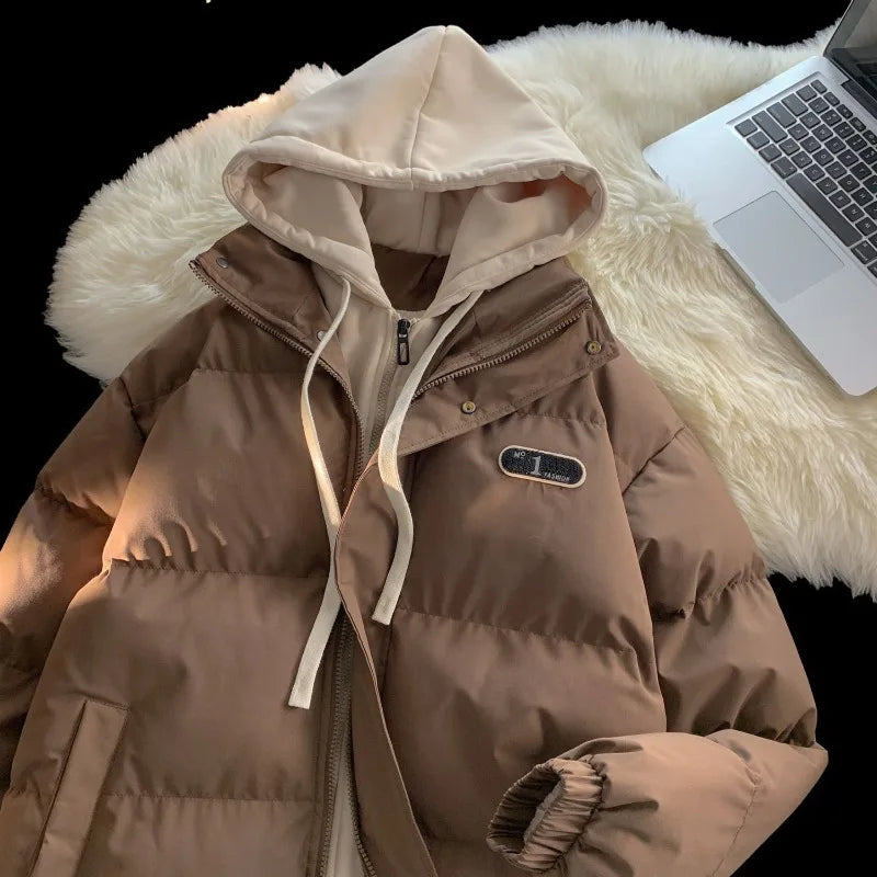 Y2K Korean Winter Coat – Layered Hooded Splicing Design