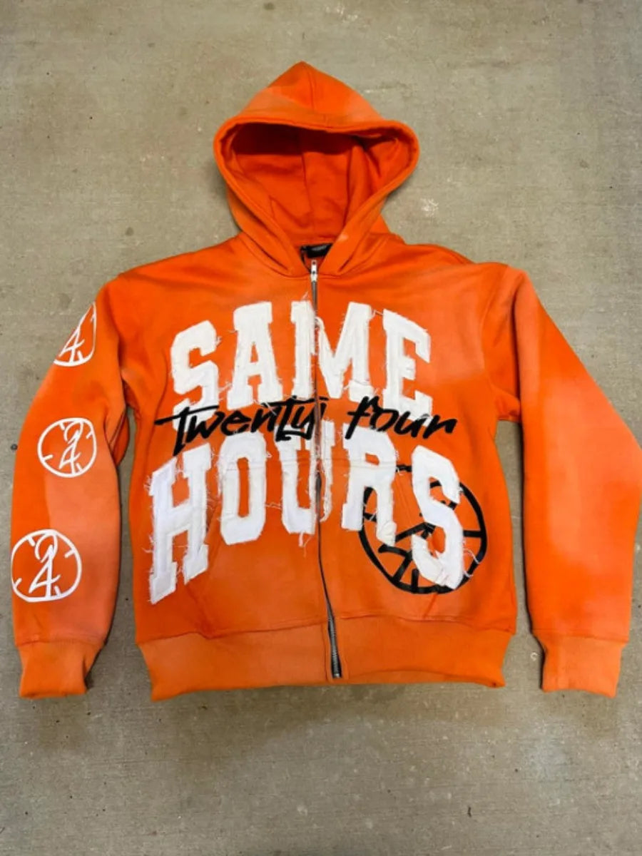 Men's Letter Zipper Embroidery Hoodie Street “Same Hours”